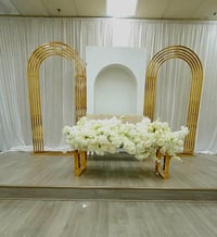 Image 2 of 3 set backdrop only  , gold stainless steel,  white wood backdrop 