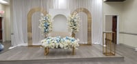 Image 4 of 3 set backdrop only  , gold stainless steel,  white wood backdrop 