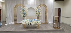 Image of 3 set backdrop only  , gold stainless steel,  white wood backdrop 