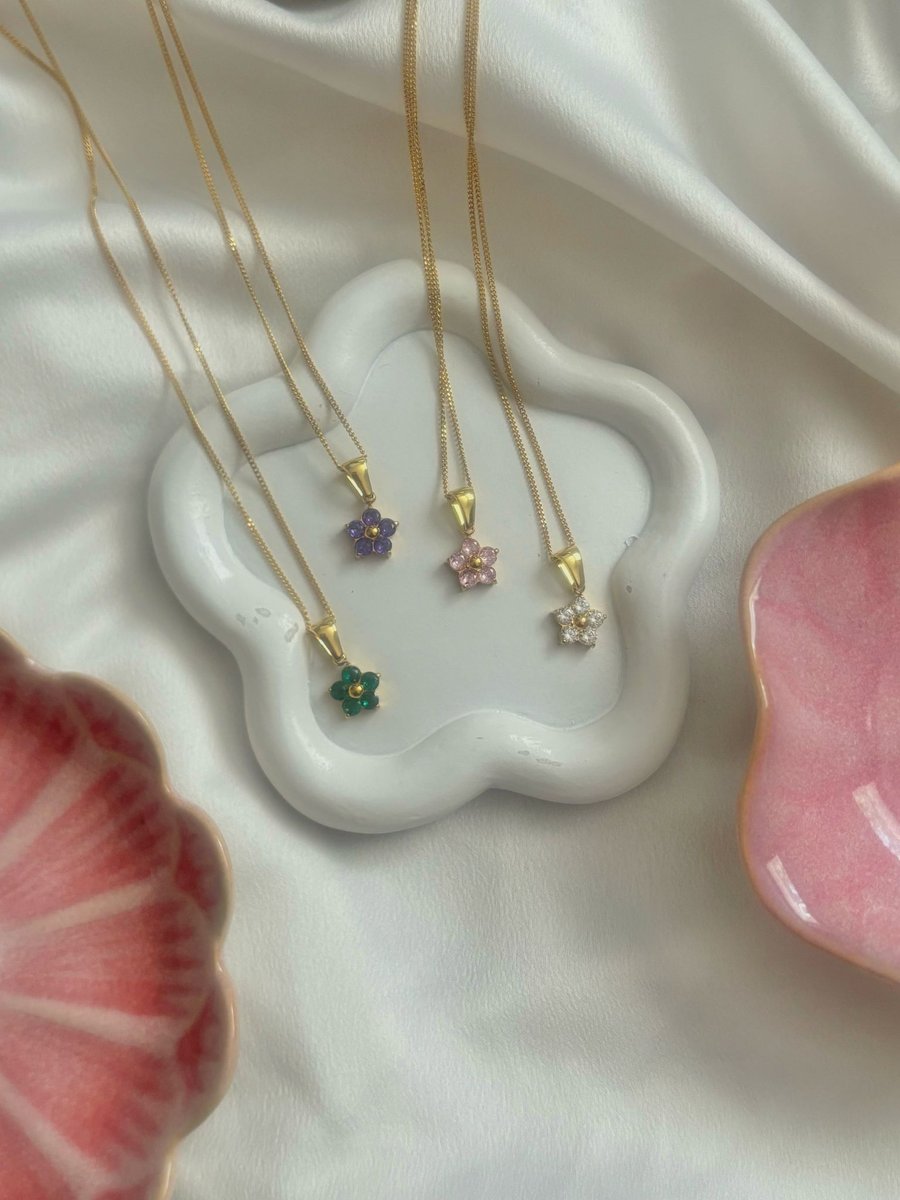 Image of Gold-Plated Flower Pendant Necklace – Cubic Zirconia Detail