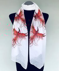 Image 1 of Red Phoenix Scarf – Mystical Rebirth Bird Print on White Long Scarf, Mythical Scarf