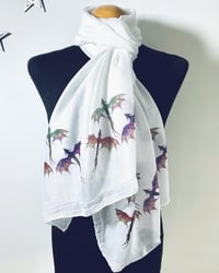 Image 1 of Dragon Scarf – Long White Scarf with Delicate Colorful Mythical Dragon Print