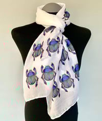 Image 1 of Egyptian Scarab Scarf – Blue Scarab Beetle Print – Long Boho Spiritual Scarf