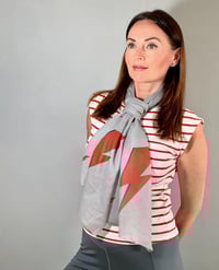 Image 2 of Ziggy Stardust Inspired Scarf – Grey Long Scarf with David Bowie inspired Red Bolts Print