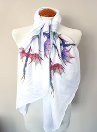 Image 1 of Dragon Scarf – Long White Scarf with Colorful Mythical Dragon Print - Fantasy Scarf
