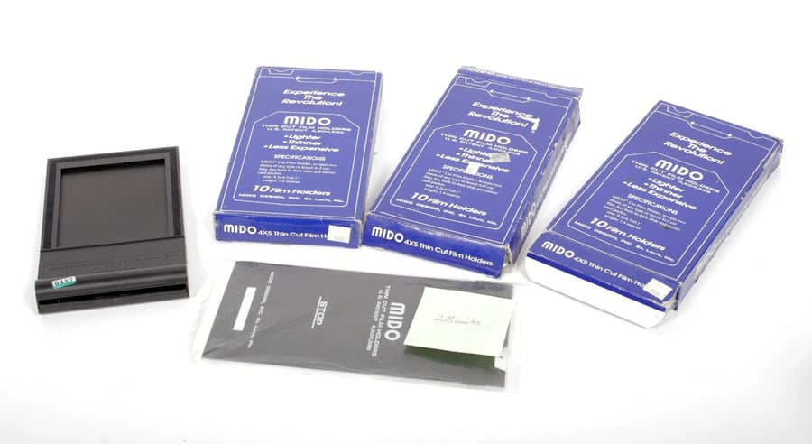 Image of Lot of 28 Mido thin cut 4X5 sheet film holders + carrier #0487