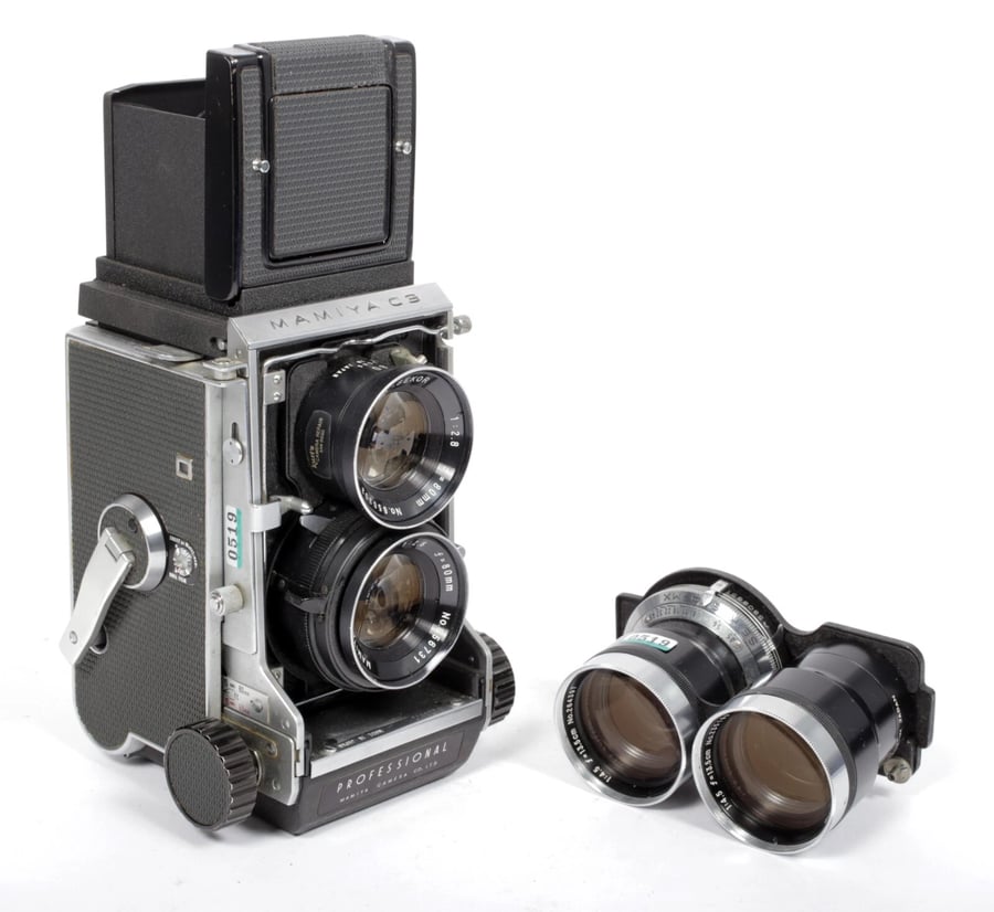Image of Mamiya C3 6X6 TLR Medium format film camera with 80mm + 135mm lenses #0519
