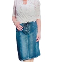 Image 5 of Women's Denim Skirt, Vintage 90's knee length, lace up front w-hidden button closure SZ 6/8