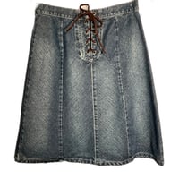 Image 1 of Women's Denim Skirt, Vintage 90's knee length, lace up front w-hidden button closure SZ 6/8
