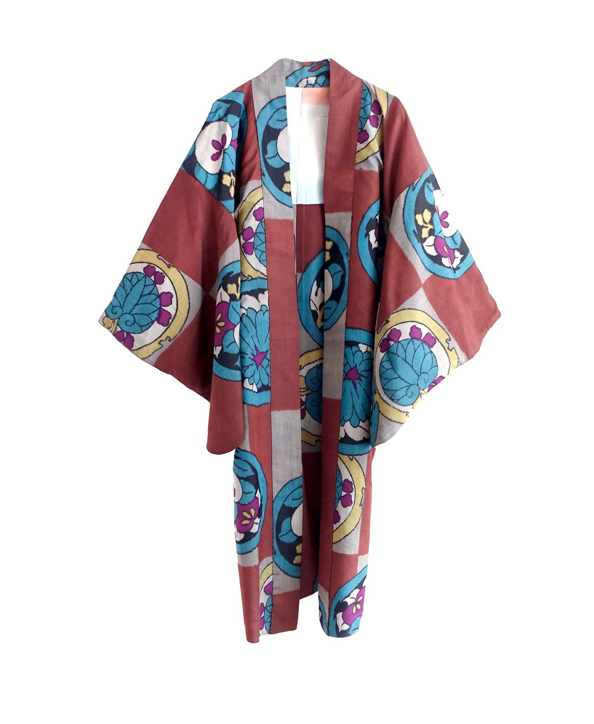 Image of Kort kimono dame i brun og grønblå meisen silke