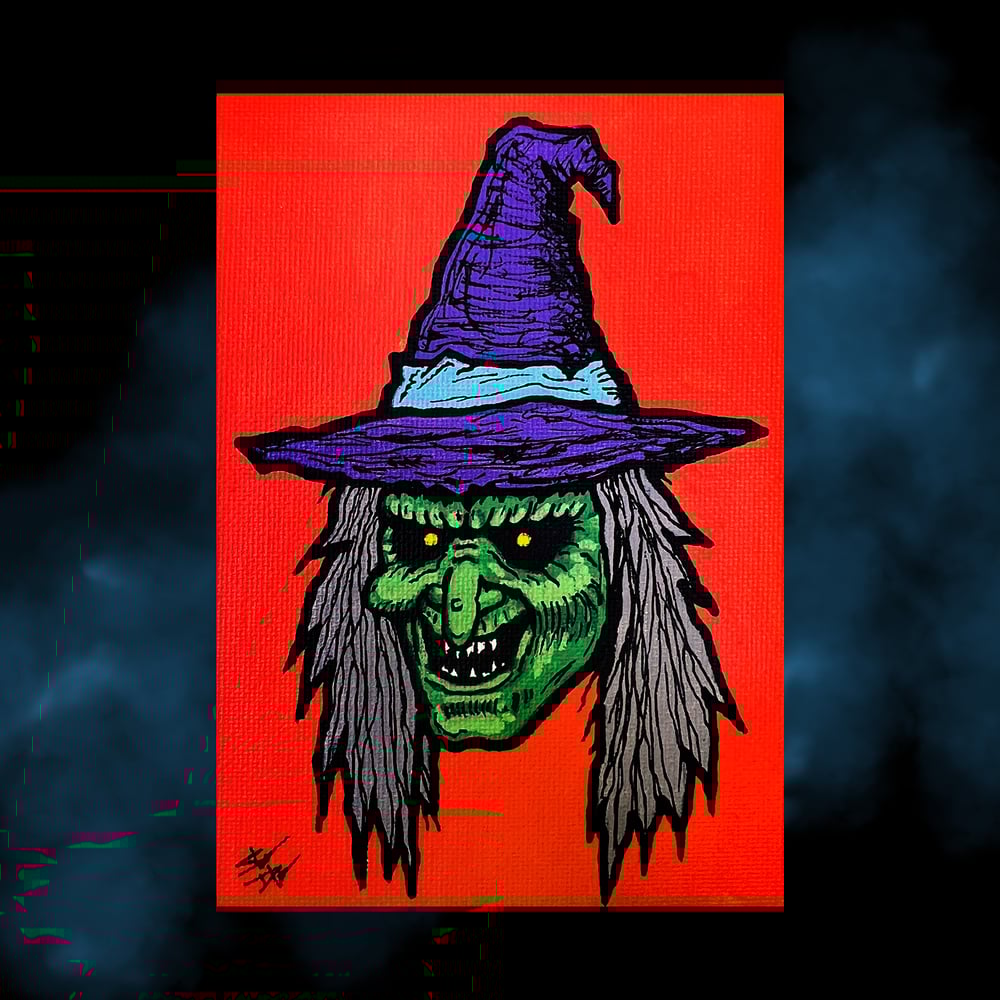 Image of "OL YELLOW EYES" 4" x 6" evil WITCH painting ACRYLIC canvas BOARD