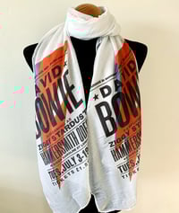 Image 1 of David Bowie Inspired Scarf – Ziggy Stardust Style Long White Scarf with Blue and Red Band Print