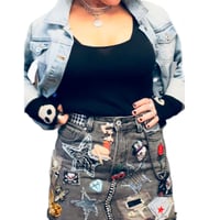 Image 3 of Women's black denim mini skirt, Reworked festival w- studs, patches, pins, chains etc 