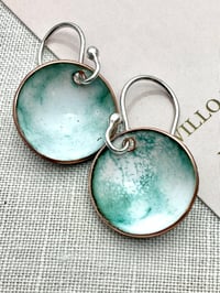 Image 2 of Domed enamel earrings. Teal marble #2