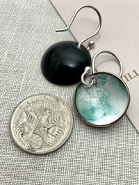Image 3 of Domed enamel earrings. Teal marble #2