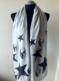 Image 3 of Skulls and Stars Scarf – Long Grey Statement Scarf with Black Skull Print, Gothic Scarf