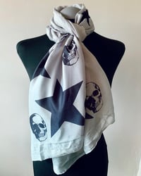 Image 1 of Skulls and Stars Scarf – Long Grey Statement Scarf with Black Skull Print, Gothic Scarf