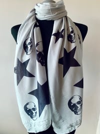 Image 2 of Skulls and Stars Scarf – Long Grey Statement Scarf with Black Skull Print, Gothic Scarf
