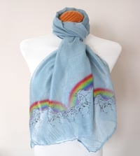 Image 1 of Unicorns & Rainbows Scarf – Colorful Long Grey Scarf with Rainbow and Unicorn Print