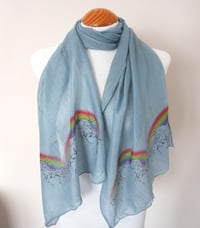 Image 2 of Unicorns & Rainbows Scarf – Colorful Long Grey Scarf with Rainbow and Unicorn Print