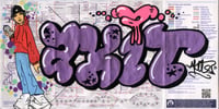 Akit metallic purple with black outline tube map with character. 2025.
