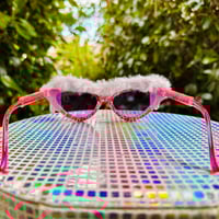Image 2 of Fuzzy Amethyst Crystal Sunglasses with Evil Eye Detail—“Cosmic Candy Seer”