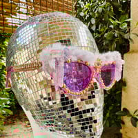 Image 5 of Fuzzy Amethyst Crystal Sunglasses with Evil Eye Detail—“Cosmic Candy Seer”