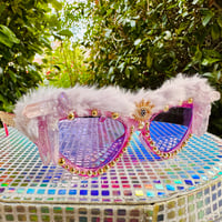 Image 1 of Fuzzy Amethyst Crystal Sunglasses with Evil Eye Detail—“Cosmic Candy Seer”