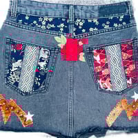 Image 8 of Women's black denim mini skirt, Reworked festival w- studs, patches, pins, chains etc 