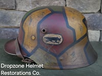 Image 2 of Replica WWI German M-1916 Helmet and Leather Liner. Camouflage pattern & Machine Gun Unit. 