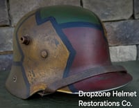 Image 3 of Replica WWI German M-1916 Helmet and Leather Liner. Camouflage pattern & Machine Gun Unit. 