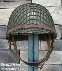 Image 5 of WWII M2 101st Airborne Helmet 506th PIR D-bale Front Seam & WWII Westinghouse liner.