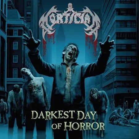 Image of MORTICIAN - *slight spine creasing* Darkest Day Of Horror  (Sea Blue w/ Splatter) LP