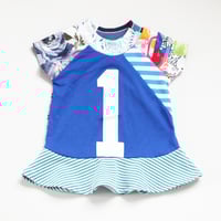 Image 1 of royal blue mix 12m 1st 1 one first birthday bday short sleeve twirl dress courtneycourtney