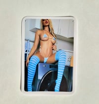 Image 1 of Gorgeous Blonde In Blue Striped Thigh Highs Matte Vinyl Sticker