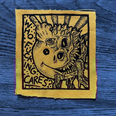 Image of "Who Fucking Cares?" - 4x4.5" Hand-Drawn Canvas Patch - Yellow / Off-White