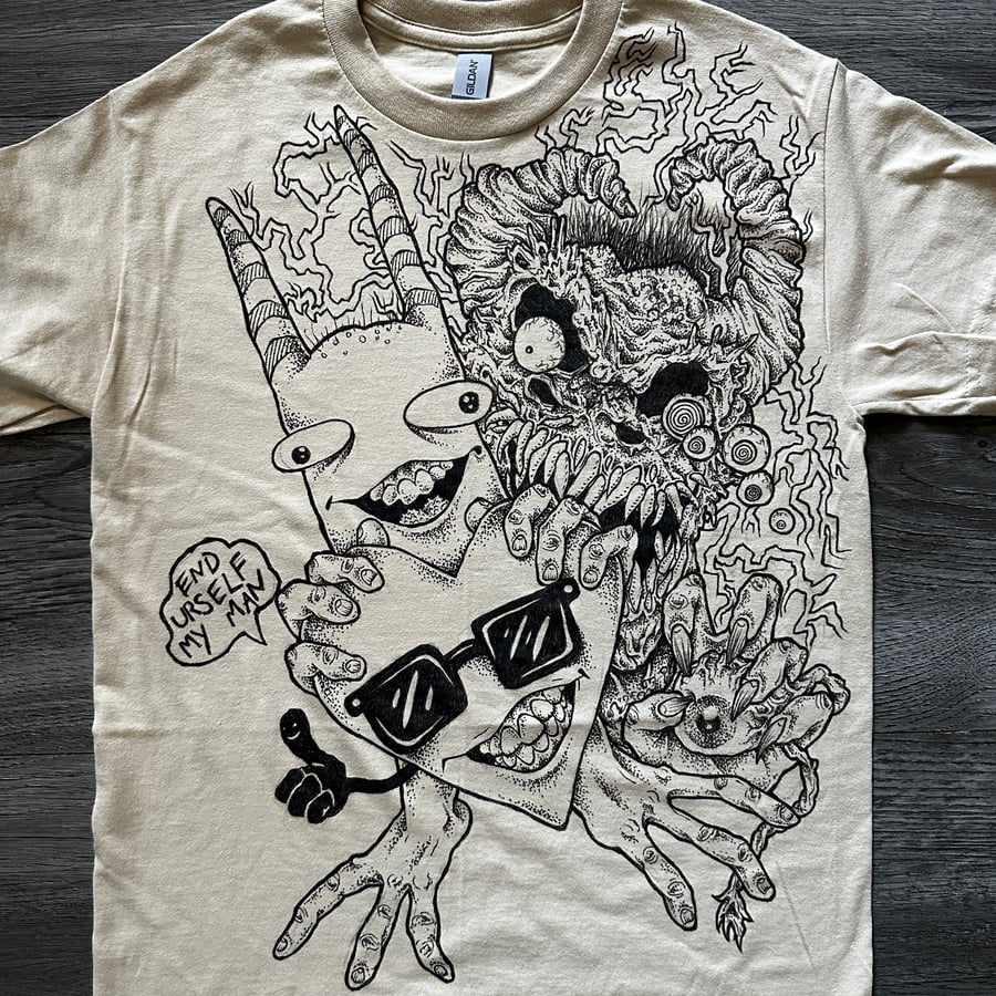 Image of "End Urself My Man" - SMALL Hand-Drawn T-Shirt w/ Label