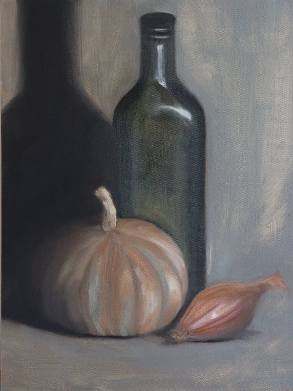 Image of Petit potiron, bouteille d'huile d'olive et échalote