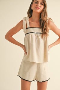 Image 1 of Linen Tape Detailed Tie Sleeve Top