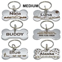 Image 1 of Medium Custom Deep Engraved Stainless Steel Dog ID Tag Bone Shape Durable Lifetime Warranty