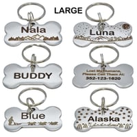 Image 1 of Large Custom Deep Engraved Stainless Steel Dog ID Tag Bone Shape Durable Lifetime Warranty
