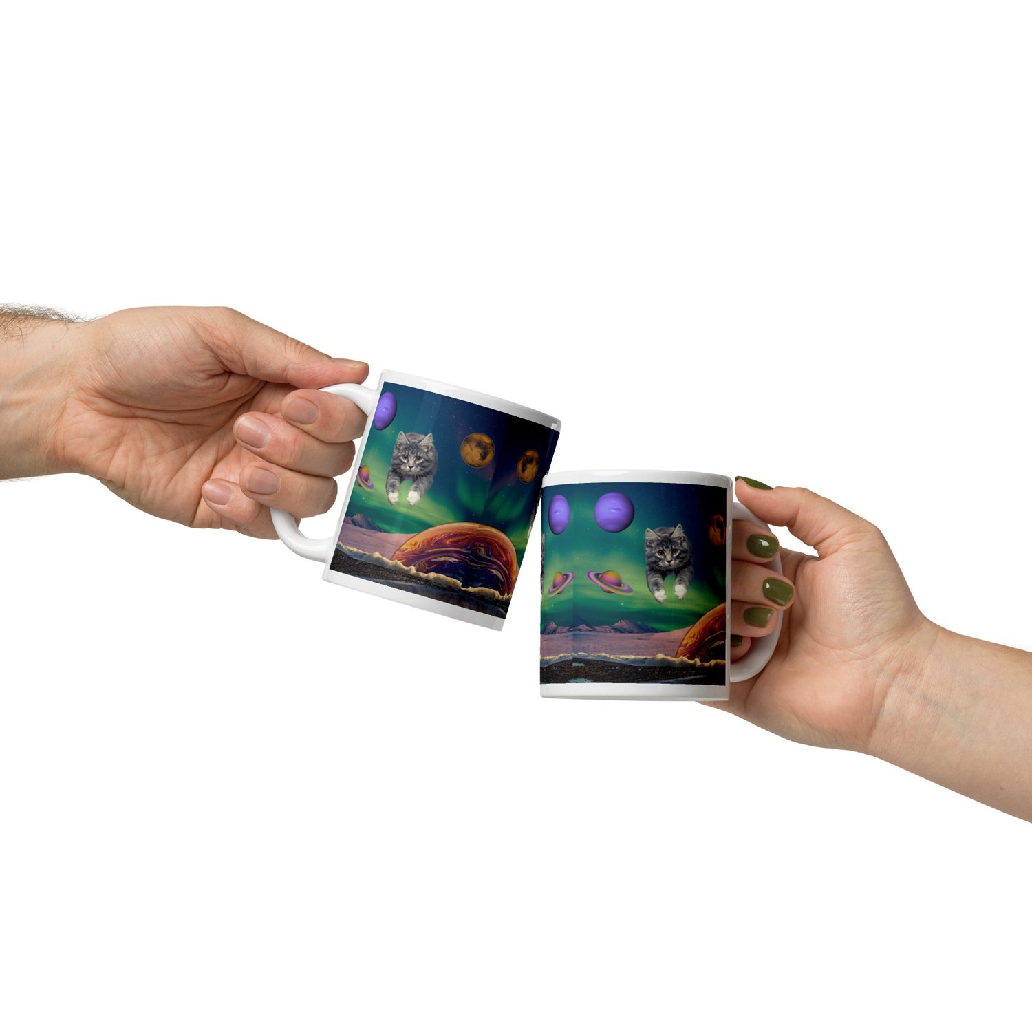Image of Cat Flying Through Space - 11 oz White Glossy Mug