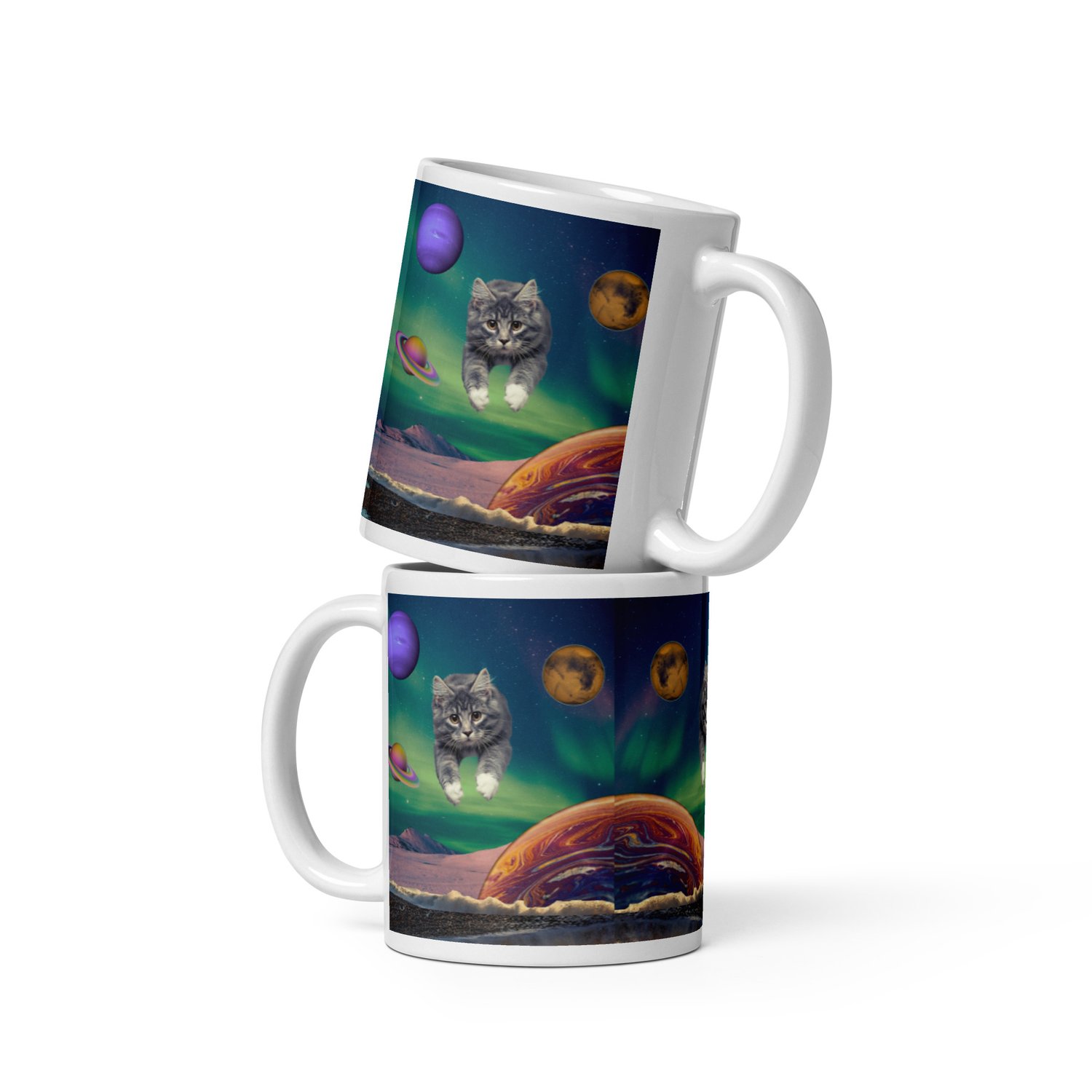 Image of Cat Flying Through Space - 11 oz White Glossy Mug