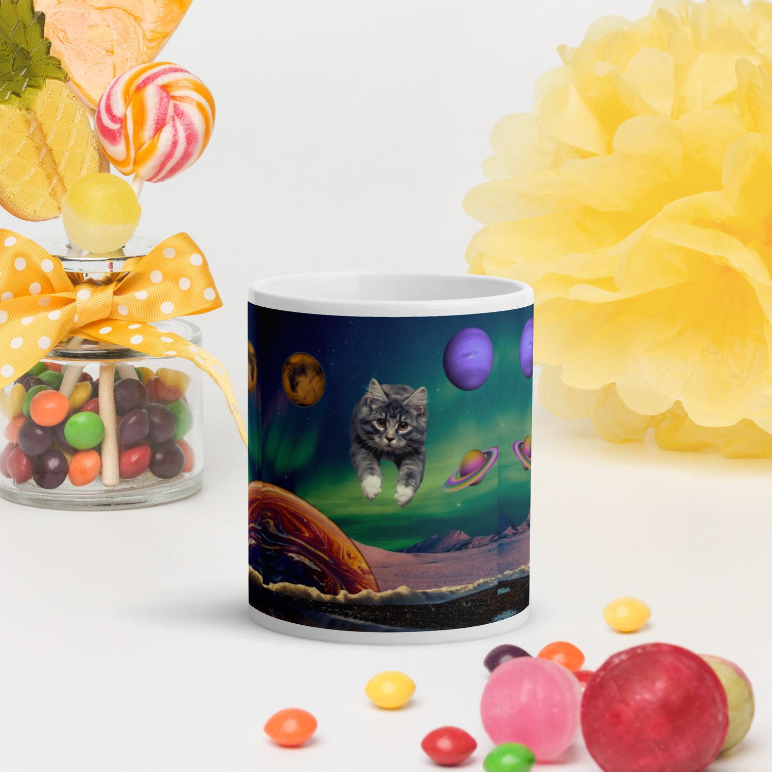 Image of Cat Flying Through Space - 11 oz White Glossy Mug