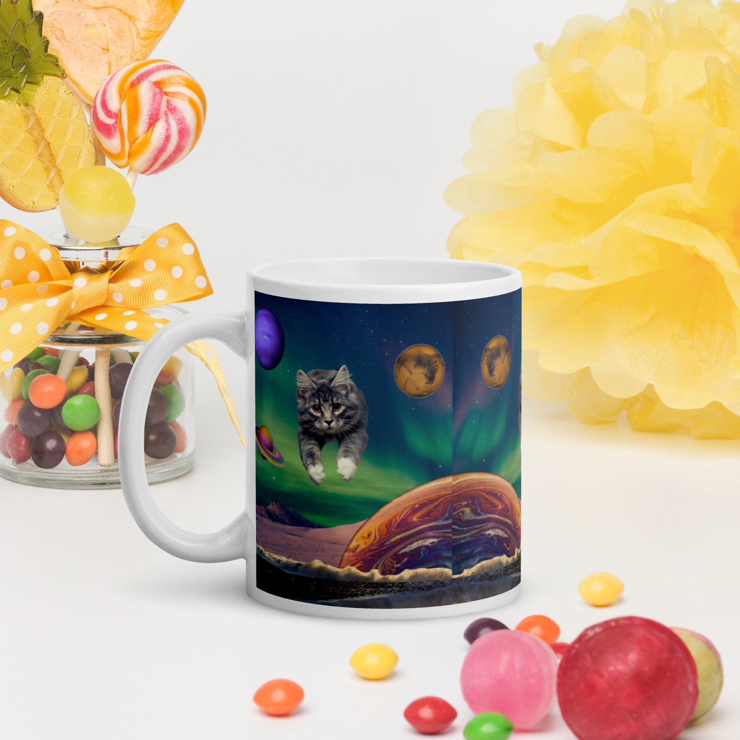Image of Cat Flying Through Space - 11 oz White Glossy Mug