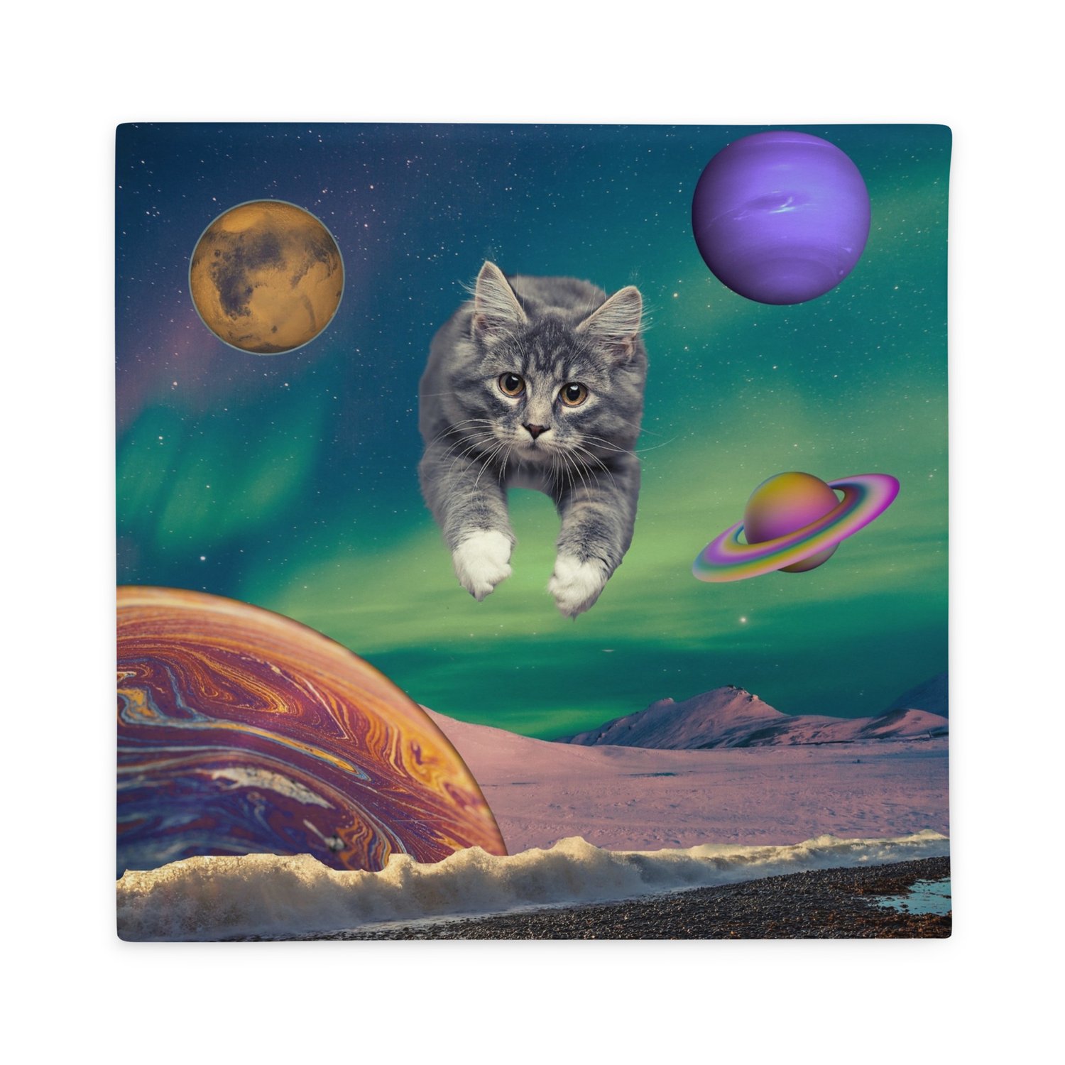 Image of Cat Flying Through Space - Pillow Case