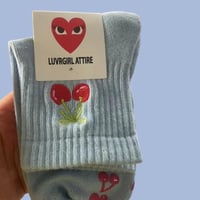 Image 1 of Cute cherry pilates socks/ grip/ baby blue / embroidery / red / cherry sticky sock / cherry grip