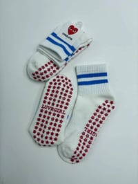 Image 1 of Retro all star pilates socks / Grip Sock/ Blue stripes / Sticky Grips / Luvrgirl / Red stars 
