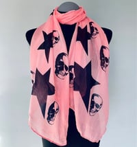 Image 2 of Skulls and Stars Scarf – Long Pink Statement Scarf with Black Skull Print, Gothic Scarf
