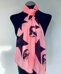Image 1 of Skulls and Stars Scarf – Long Pink Statement Scarf with Black Skull Print, Gothic Scarf